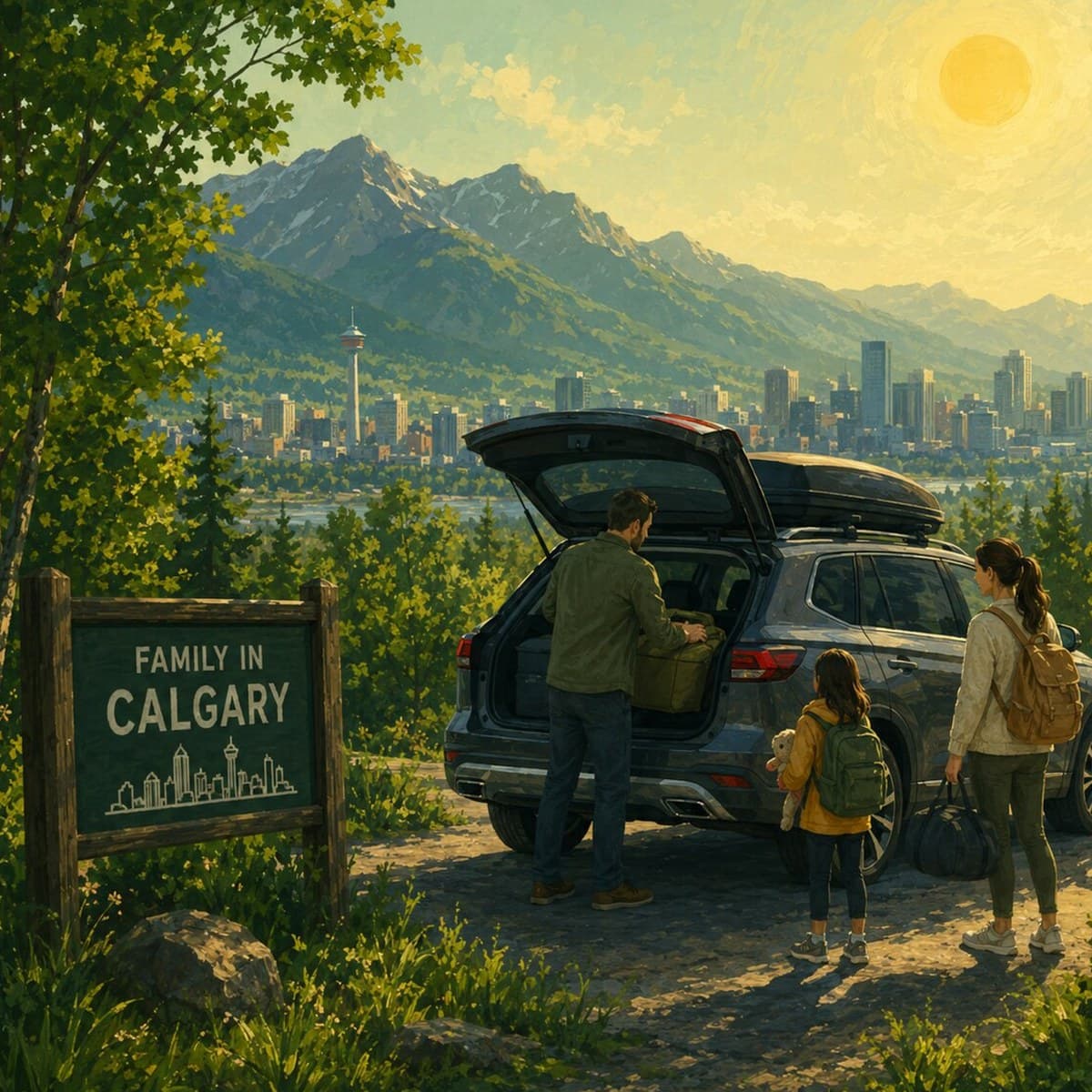 Painterly illustration of a Calgary family packing an SUV with the city skyline behind
