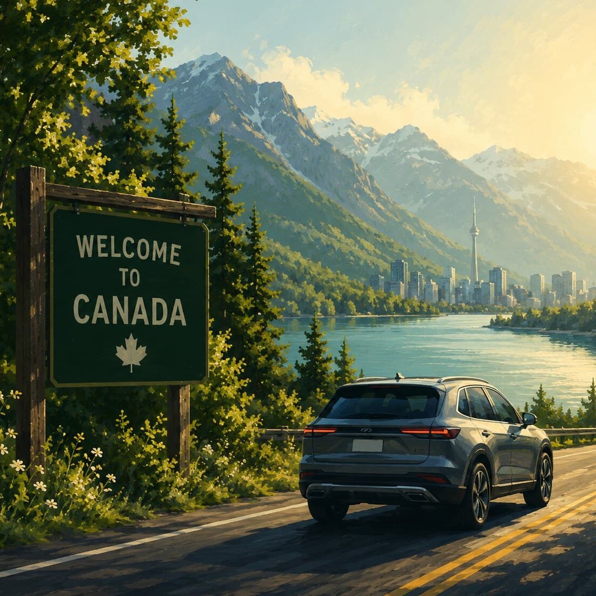 Painterly illustration of an SUV passing a Welcome to Canada sign with mountains and a city skyline