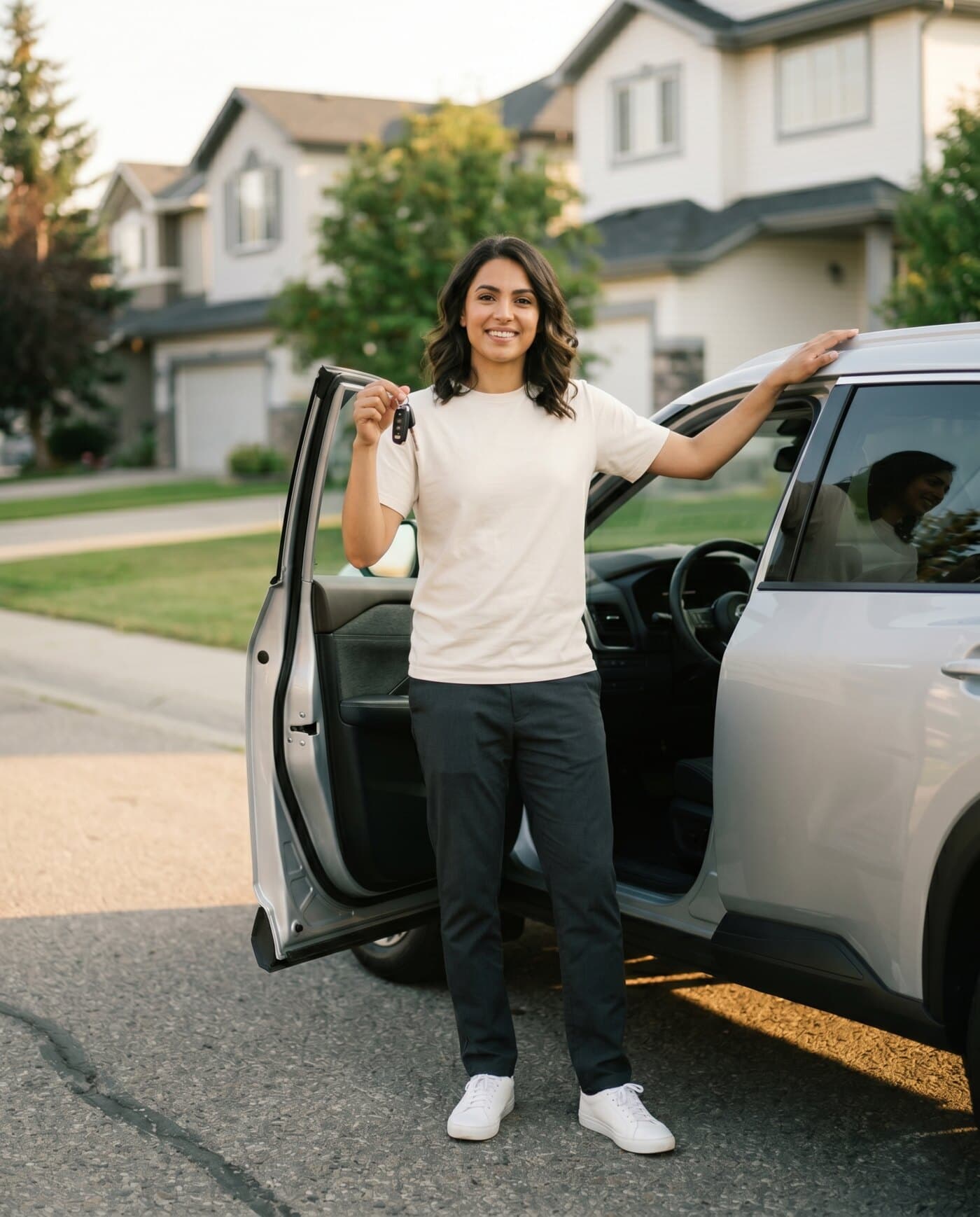 Smiling Calgary customer holding car keys beside her newly financed SUV
